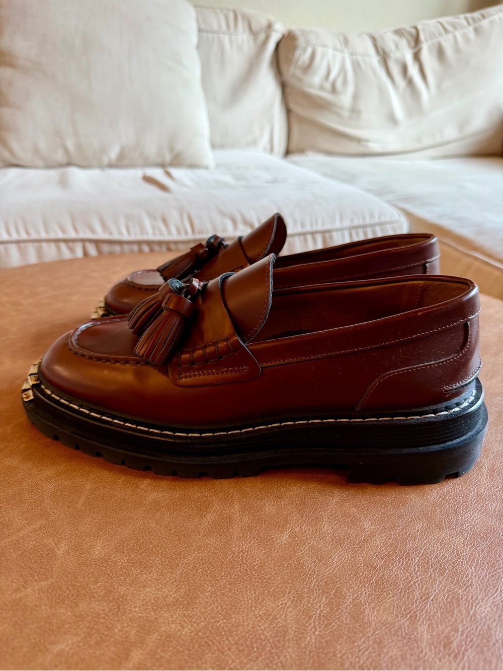 Sandro Paris Women’s Brown Platform Lug Sole Loafers Embellished Tassel - Picture 6 of 11